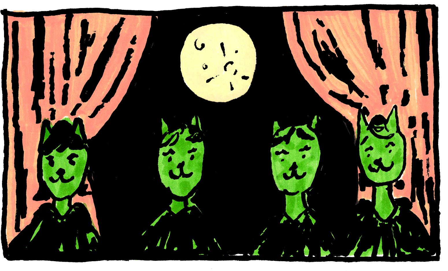 An illustration of the four Chorus Cats of CATS 2 in front of a theater curtain, a full moon behind them on stage.